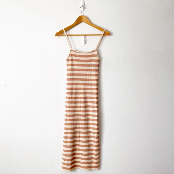 Zara Striped  Knit Tube Skinny Strap Midi Dress Nude Peach Pink Size Medium - Picture 6 of 8